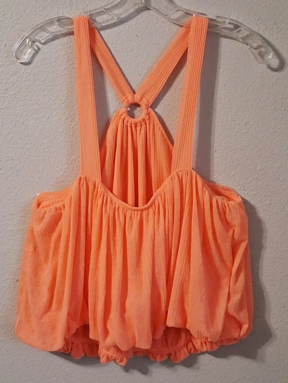 Free People Jusr A Fling Coral Electric Halter Ring Ribbed Bubble Top Size Large